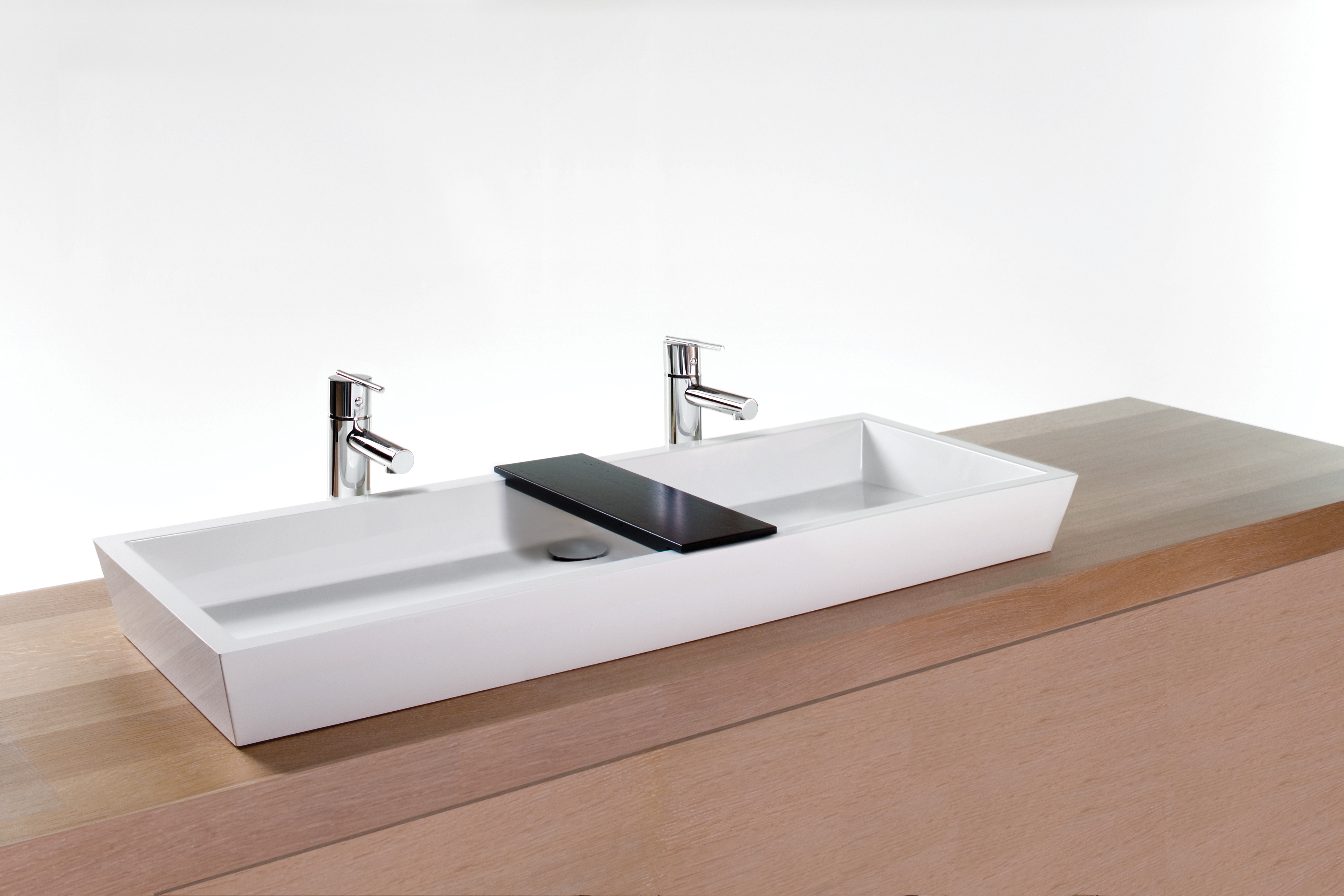 VC842A_Pont_RGB Vessel Sink, white finish, large rectangle, eco friendly, double faucet with wood bridge betwen.