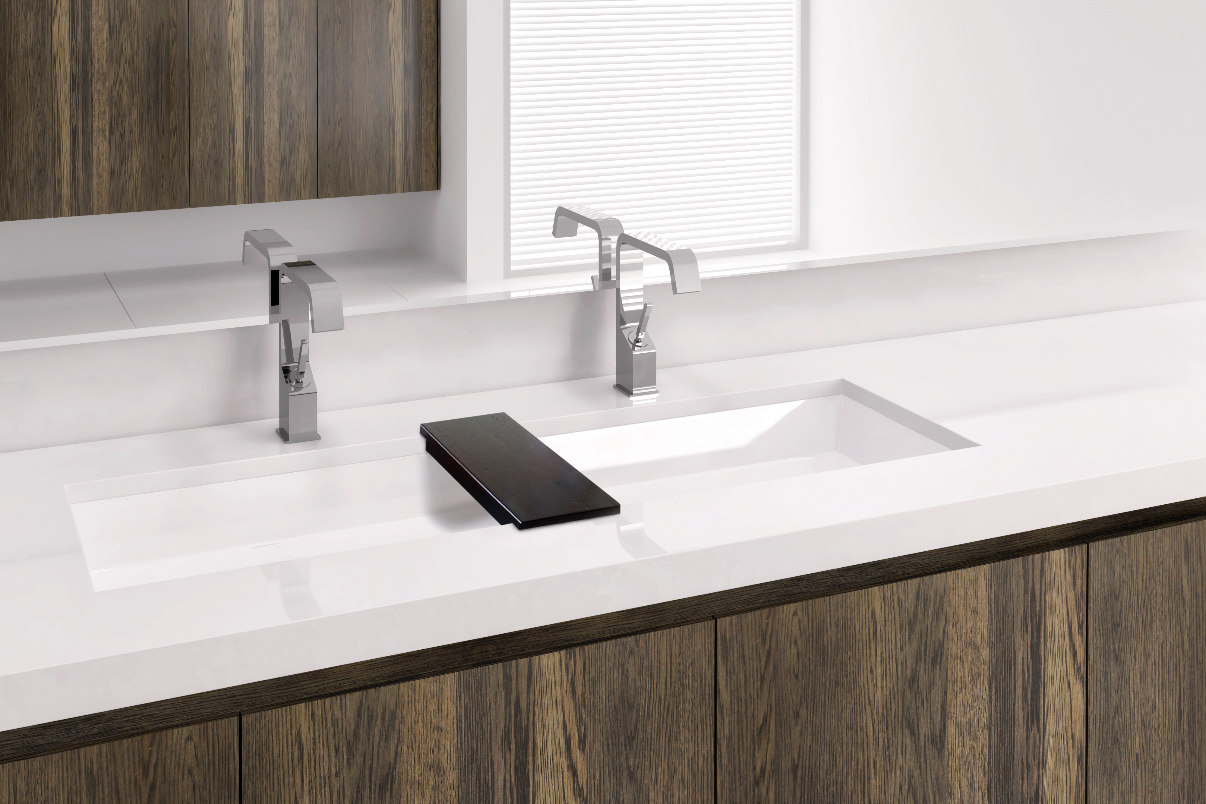 VC842U_Pont_RGB Undermount sinks by Wetstyle. Large rectangular sink with double faucets and wood bridge between them.